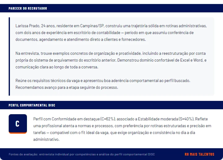 Parecer completo do recrutador e perfil comportamental DISC da candidata